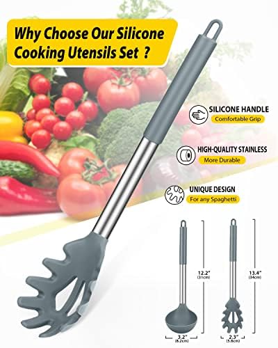BUNDLEPRO Silicone Ladle and Pasta Spoon Set, 2-Pack, Gray