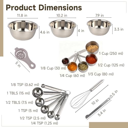 17 PCS Stainless Steel Mixing Bowls Set, Includes 3 Sizes Containers