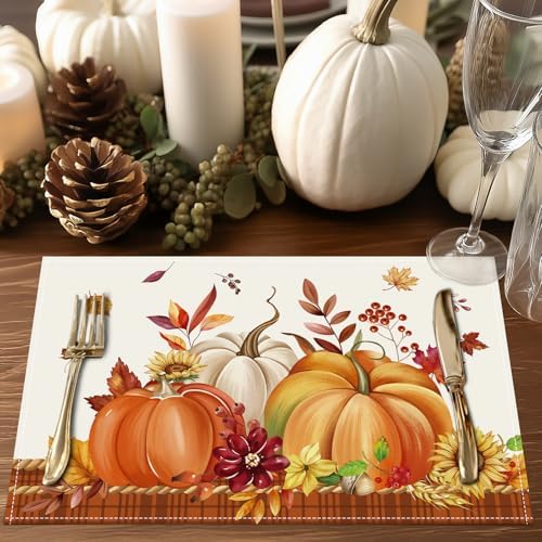 Bonhause Orange Pumpkins Fall Placemats Set of 4, 12x18 Inch Autumn