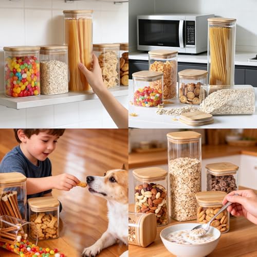 7 Pack Square Glass Storage Containers with Lids, Multi-Size Canisters