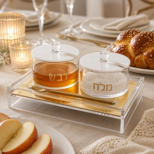 Khen Rosh Hashanah Honey And Salt Dish Set Lids Spoon Clear Acrylic