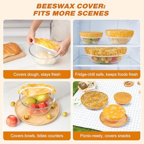 6 Pcs Reusable Beeswax Bowl Covers, 8/10/12 Inch