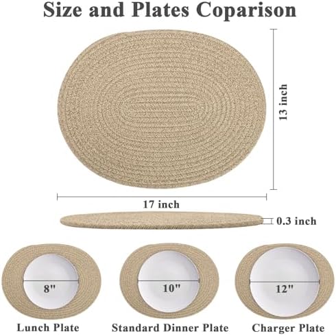 Oval Woven Placemats Set of 6, Boho Cotton Rope Braided Table Mats