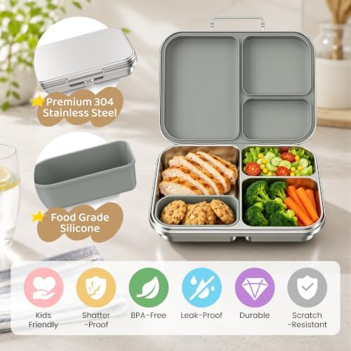 Pawtong Stainless Steel Bento Box, 3 Compartments (Grey)