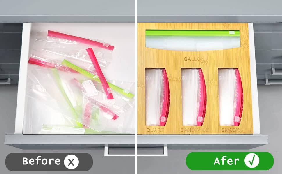 Bamboo Food Bag Storage Organizer for Kitchen Drawer, Baggie Holder