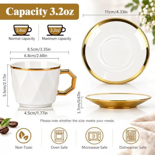 Coffee Cup Set of 6 with Saucers, 3.5 OZ Ceramic Demitasse Espresso