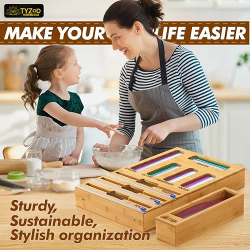 9-in-1 Bamboo Storage Bag Organizer with Cutter, Kitchen Drawer & Wall