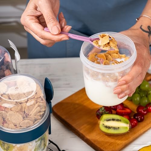 4 Pack Breakfast 22 oz On The Go Cups with Lids and Spoon, Reusable