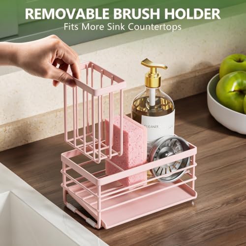 Cisily Pink Sink Caddy Sponge Holder for Kitchen with Brush Holder and
