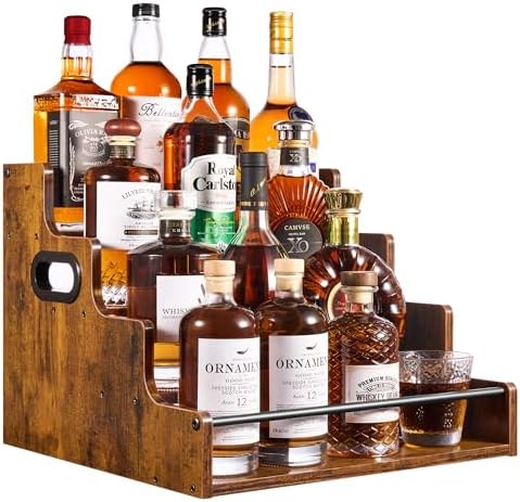 YQBRAO 4-Tier Liquor Bottle Display Shelf, Rustic Brown, 16-Inch