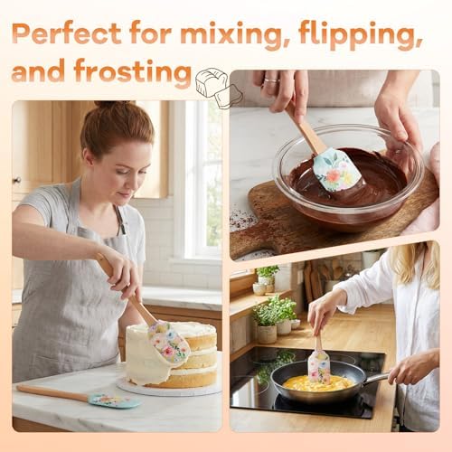 MAGICLULU 2Pcs Floral Silicone Spatula Set with Wooden Handle, Heat