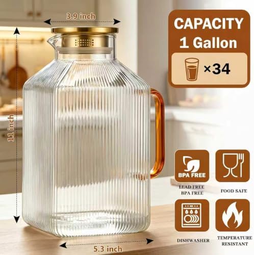 1 Gallon Square Glass Pitcher with Lid, Vertical Striped Square