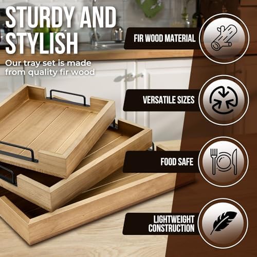 Flexzion Rustic Wooden Serving Trays Set of 3 with Handles, Stackable
