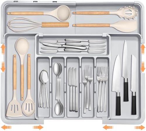 Silverware Organizer Expandable Kitchen Drawer Organizer Adjustable 22"x 19" Utensil Organizer with Rubber Feets Cutlery Drawer Organizer for Spoons Forks Knives Kitchen Organizers and Storage Grey