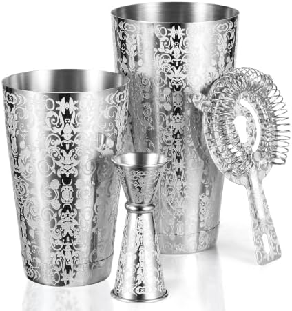 Kitessensu Etched Boston Cocktail Shaker Set, Baroque Scroll Engraved