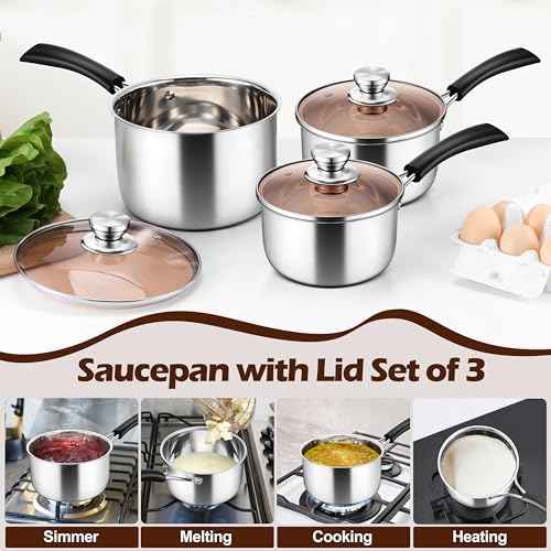 LIANYU 18/10 Stainless Steel Sauce Pan with Lid, 1 & 2 & 3QT Sauce Pot Set