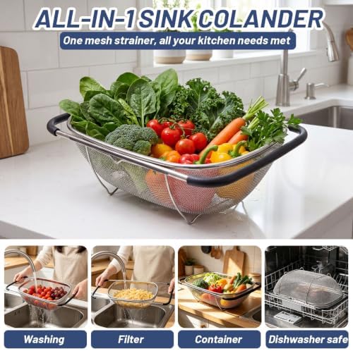 Stainless Steel Over the Sink Colander & Drain Hair Catcher, 4.3 QT