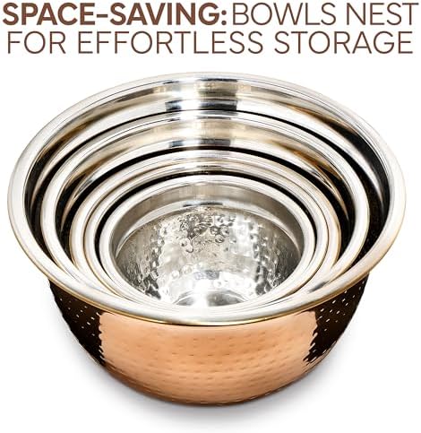 COOK WITH COLOR 18 Piece Mixing Bowls Set with Airtight Lids, Handcrafted Stainless Steel Bowls, Food Storage Containers, Meal Prep, Nesting Salad Bowls For Cooking, Baking, Kitchen, Copper - Hammered