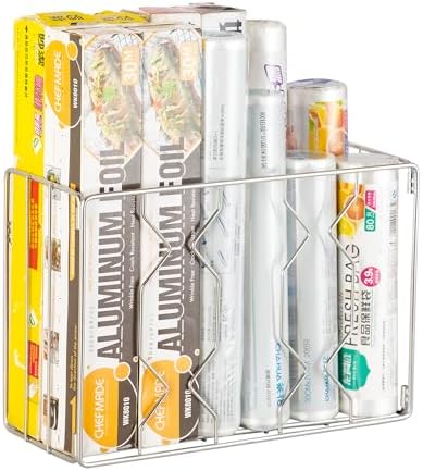 YQh Wall Mount Kitchen Wrap Organizer Rack, Cabinet Storage Basket, Aluminum Foil Rack, Mounts to Solid Cabinet Doors or Walls, Tall Basket Door Mount Cabinet Organizer