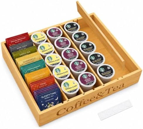 MinBoo Premium Bamboo Coffee Station & Tea Bag Organizer Box -7 Adjustable Slots with Removable Dividers, Silicone Non-Slip Pads - Eco-Friendly Countertop & Drawer Storage for K-Cups, Office Breakroom