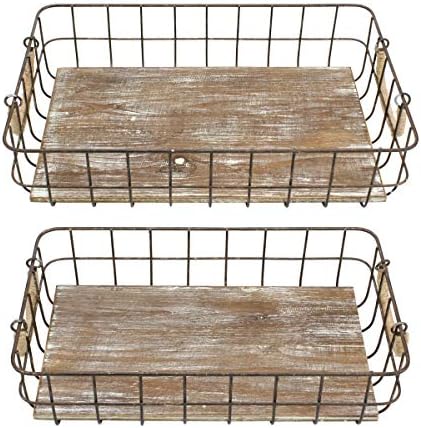 Stonebriar Stackable 2pc Rectangle Metal Wire and Wood Basket Set with