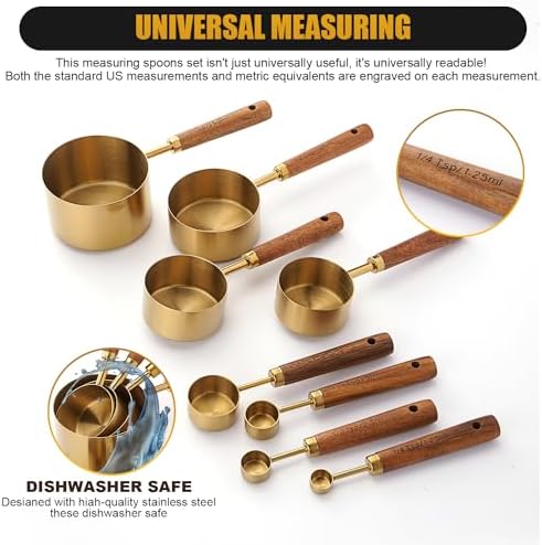 SHIKORI Gold Measuring Cups and Spoons Set with Wood Handles 8PCS