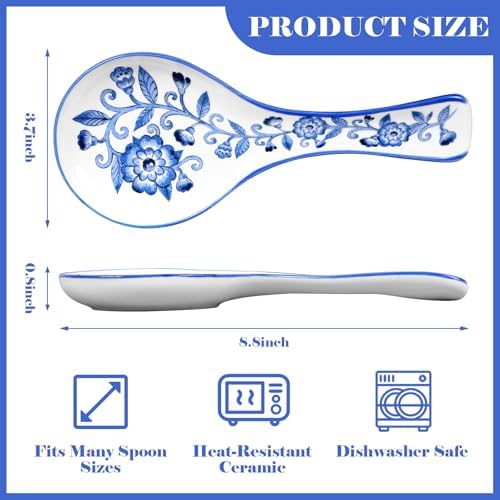 Whaline 8.9 Inch Blue Floral Spoon Rest Large Ceramic Spoon Holder
