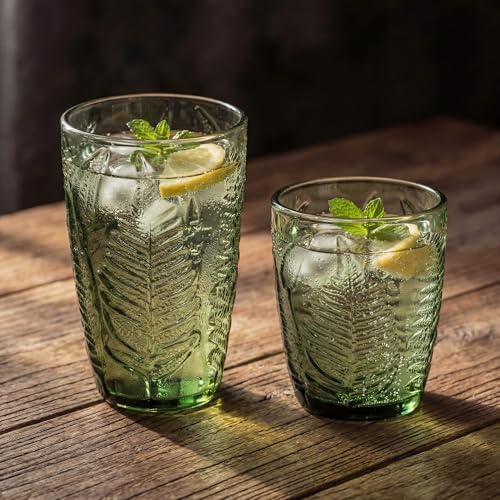 Green Drinking Glasses Set of 8 - 12 & 10 oz, Vintage Boho Fern Glass