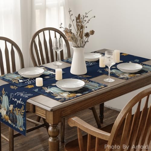 Artoid Mode Blue Hello Pumpkin Fall Placemats Set of 4-12 x 18 Inch