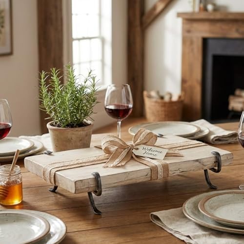 Rustic Wood Serving Board Live Edge Platter Forged Metal Legs 15.7 in.