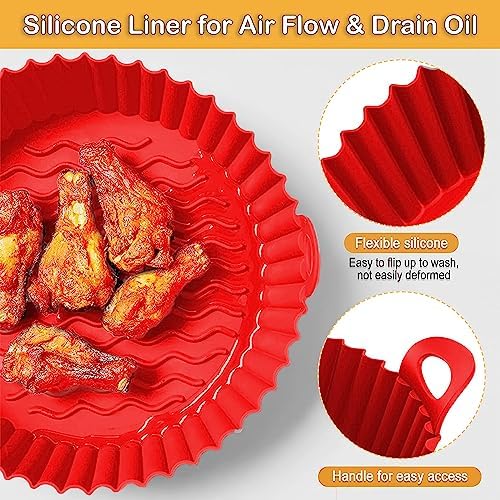 FROVEN 8 Inch Round Silicone Air Fryer Liners (2 Pack) Reusable Red &