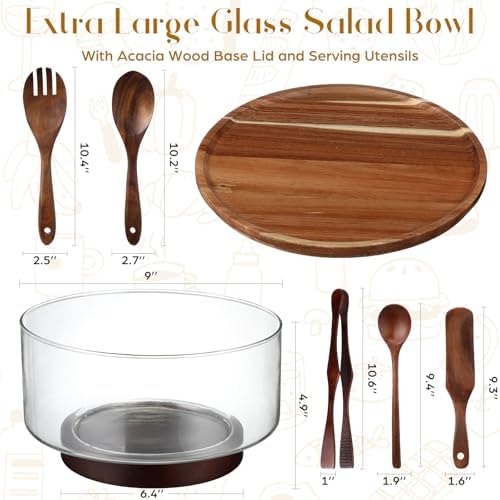 FoldTier Large Glass Salad Bowl Set, Party Salad Bowl with Acacia Wood
