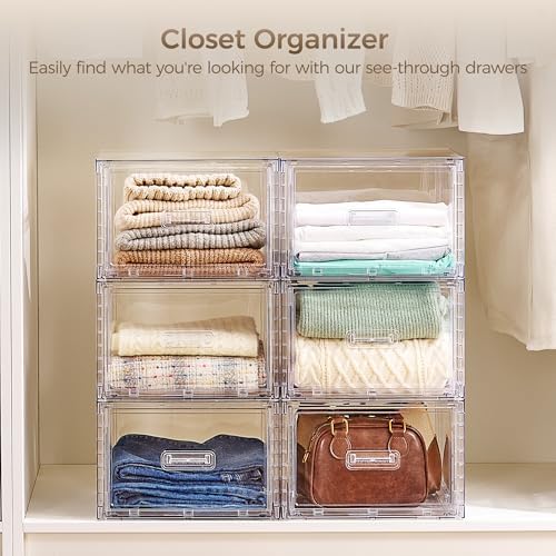 Vtopmart 4 Pack Clear Stackable Closet Storage Drawers 15QT, Medium