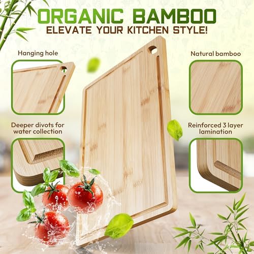 Bamboo Cutting Board Set of 3 (15x10, 12x9, 9x6) – Extra-Thick, Deep