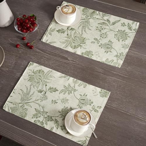 JINCHAN Sliva Linen Floral Placemats Set of 4 Farmhouse 13x19 Sage