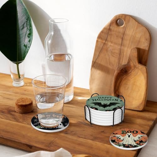 Halloween Drink Absorbent Coasters with Holder Set of 6, Ceramic Stone