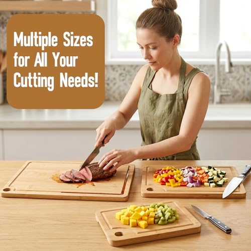 VIVIGU Bamboo Cutting Boards for Kitchen, 3-Piece Wood Cutting Board