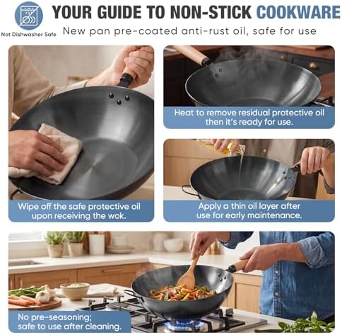 Sweetcrispy 13.5 Inch Carbon Steel Wok Pan, Pre-Seasoned Flat Bottom