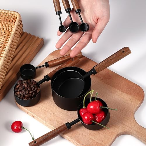 Stainless Steel Measuring Cups Set and Measuring Spoons Wooden Handle