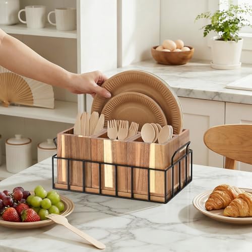 Silverware Holder for Party, Acacia Utensil Holder with 4 Removable
