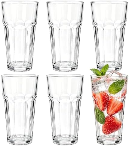 Mapoxy 16oz Highball Glasses Set of 6, Thick Lead-Free Glass Tumblers
