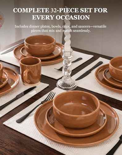 OTAGO 32-Piece Stoneware Dinnerware Set for 8 with Mugs, Plates and Bowls Sets Partially Unglazed Base, Scratch Resistant Ceramic Dish Set, Microwave & Dishwasher Safe for Kitchen Dinner Dining, Brown