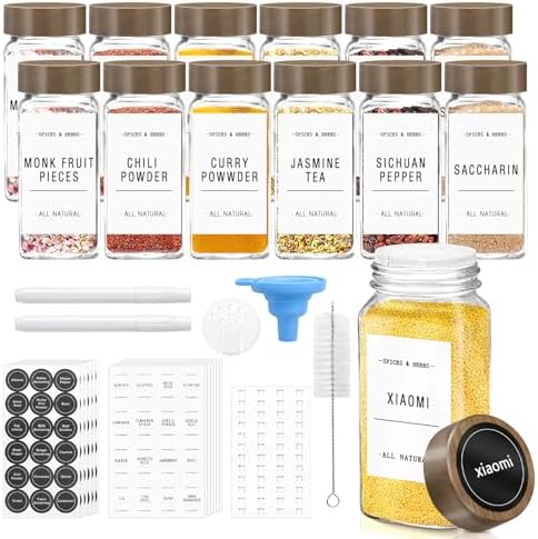 ZEHIQ 12Pcs 4oz Square Glass Spice Jars with Labels and Acacia Wood