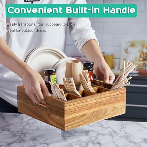 ALELION Acacia Wood Silverware Caddy, 6 Compartments