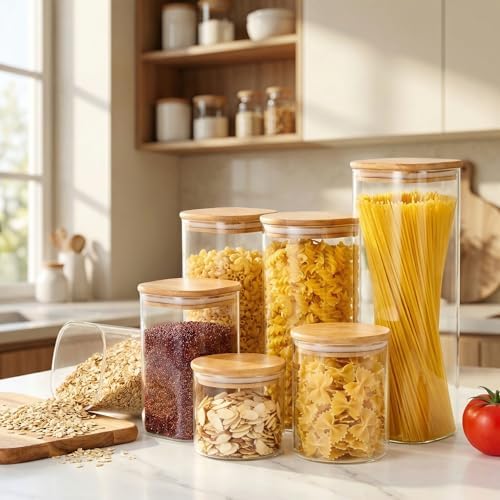 HomArtist Square Glass Jars with Bamboo Lids [Muti Size Set of 5], Glass Canisters with Airtight Lids, Glass Food Storage Containers for Pasta, Cereal, Flour, Sugar, Best for Kitchen & Pantry