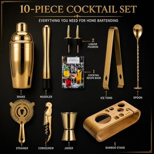 10-Piece Gold Cocktail Shaker Set,24oz Martini Shaker,Stainless Steel