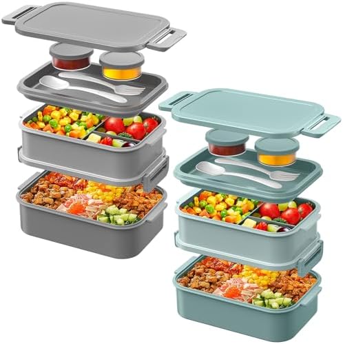DaCool 2 Pack 74 OZ Stackable Bento Lunch Box, Grey