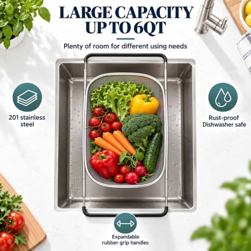 2PCS Over the Sink Colander, Expandable Stainless Steel Colander
