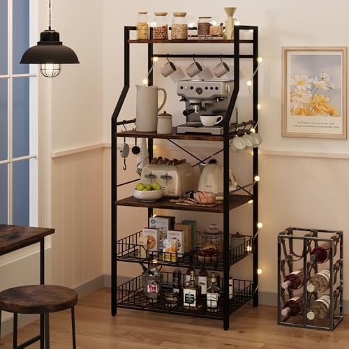 5-Tier Kitchen Bakers Rack with 2 Wire Baskets, Rustic Brown