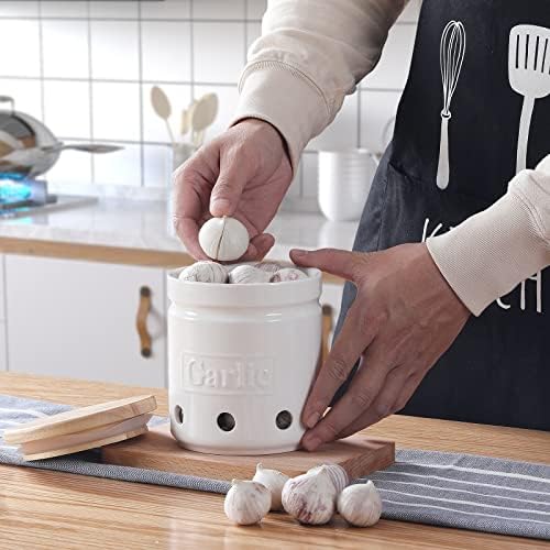 ONTUBE Garlic Keeper with Wooden Lid, 4.5-Inch Ceramic Garlic Holder